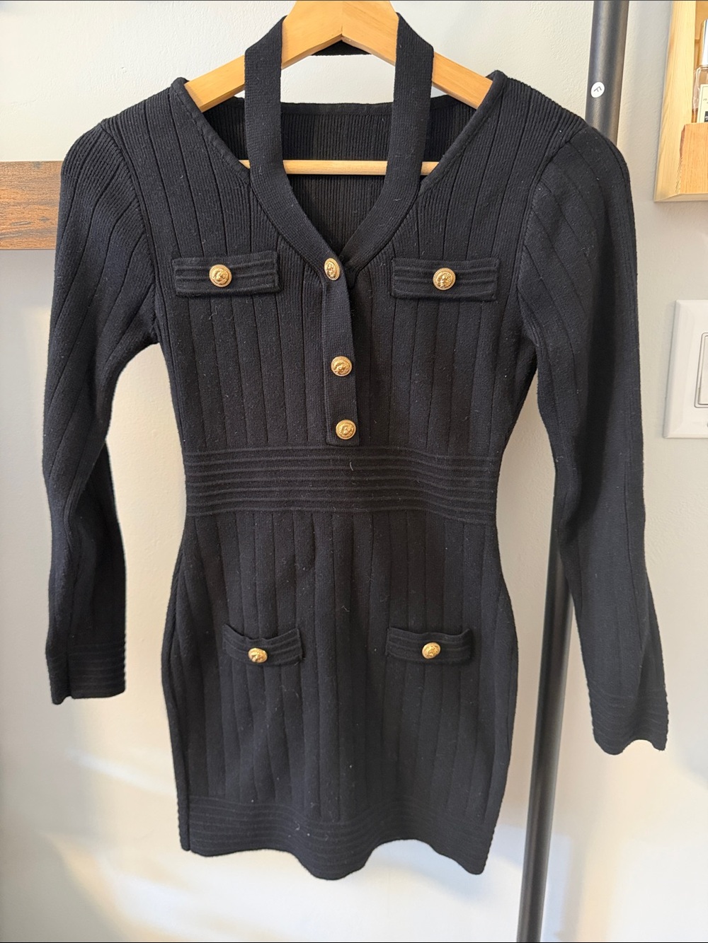 Black Ribbed Knit Dress with Gold Buttons